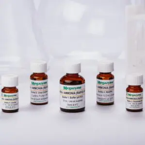 Fem bruna Megazyme-reagensflaskor med vita lock, märkta Urea/Ammonia Rapid Kit, på en laboratoriebänk.